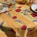 Rectangular coated cotton tablecloth "Poppies and Lavender" yellow