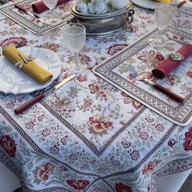 Square Jacquard tablecloth "Garance" yellow and red Tissus Toselli