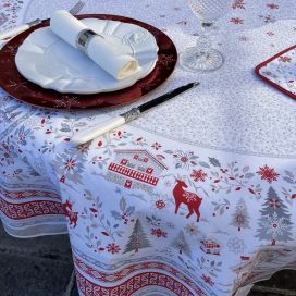 Christmas round tablecloth in cotton 230cm "Cervin" grey and red