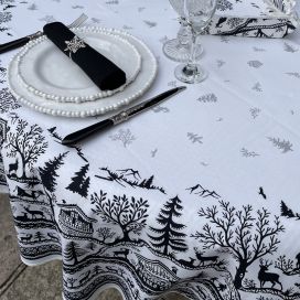 Christmas round tablecloth in cotton "Jura" white and black