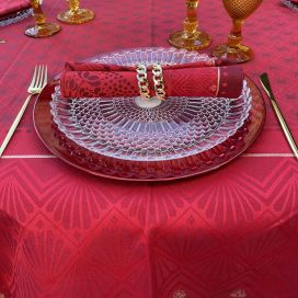 Nappe carrée Jacquard polyester "Festif" rouge et or et 4 serviettes assorties