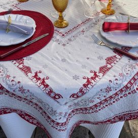 Jacquard tablecloth "Minuit" ecru and red Tissus Toselli