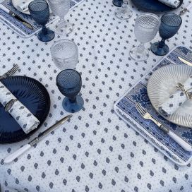 Nappe provençale rectangulaire en coton "Bastide" blanche et bleue