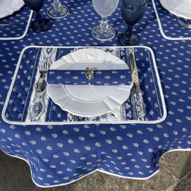 Nappe provençale ronde en coton "Avignon" bleu et blanc