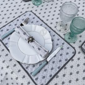 Round tablecloth in cotton "Bastide" grey and turquoise "Marat d'Avignon"