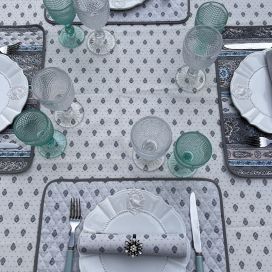 Nappe provençale ronde en coton "Bastide" gris et turquoise