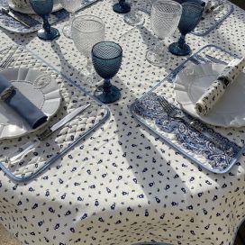Nappe provençale rectangulaire en coton "Tradition" blanche et bleue