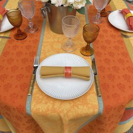 Rectangular webbed Jacquard tablecloth, stain resistant "Fontvieille" yellow and orange