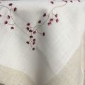 Nappe rectangulaire lin et polyester "Fleurs roses" blanc bordure lin