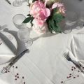 Nappe rectangulaire lin et polyester "Fleurs roses" blanc bordure lin