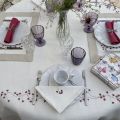 Rectangular linen and polyester tablecloth "Fleurs roses" white and linen bordure