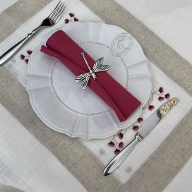 Set de table lin et polyester "Coeurs brodés" fleurs roses, bordure lin