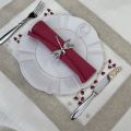 Set de table lin et polyester "fleurs roses" blanc bordure lin
