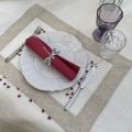 Set de table lin et polyester "Coeurs brodés" fleurs roses, bordure lin
