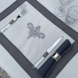 Linen and polyester  table mat "Elégance" white and grey bordure