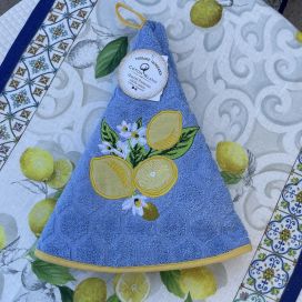 Essuie-main rond en éponge brodé "Citrons" bleu