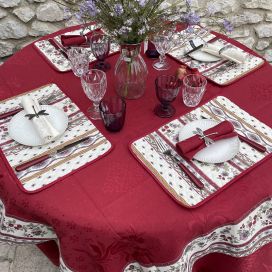 Rectangular damask jacquard tablecloth Delft red, bordure "Avignon" ecru and red