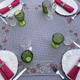 Octogonal quilted cotton table cover "Avignon" grey and fuchsia