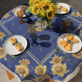 Nappe carrée Jacquard Sunflower bleue Tissus Toselli