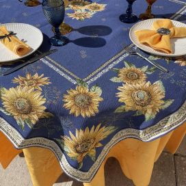 Rectangular Jacquard tablecloth Sunflower blue by Tissus Toselli
