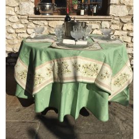 Rectangular damask Jacquard tablecloth Delft green, bordure "Clos des Oliviers" ecru