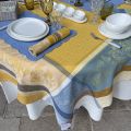 Nappe rectangulaire Jacquard "Cédrat" bleue et jaune Tissus Toselli