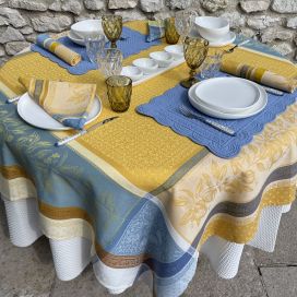 Nappe rectangulaire Jacquard "Cédrat" bleue et jaune Tissus Toselli