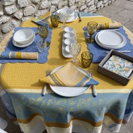 Square Jacquard tablecloth "Cédrat" blue and yellow by Tissus Toselli