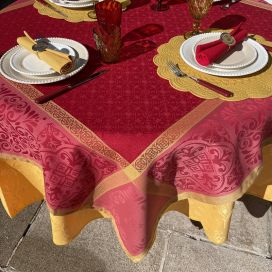 Square Jacquard polyester tablecloth "Alicante" red and curry from "Sud Etoffe"
