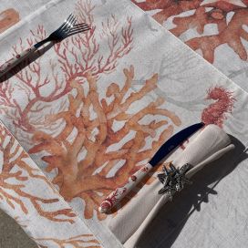 Set de table lin et polyester enduit "Explore Corail" hippocampe