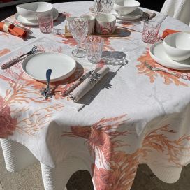 Coated polyester and linen tablecloth "Explore Corail"