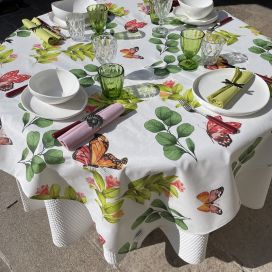 Coated polyester tablecloth "Papillon" white Sud Etoffe