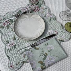 Set de table carré en Boutis rose "Scala" vert et fleurs et serviette assortie