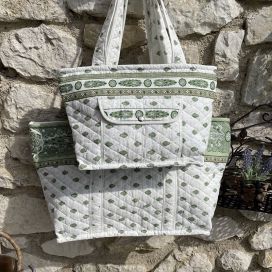 Quilted coton shopping bag "Bastide" ecru and green