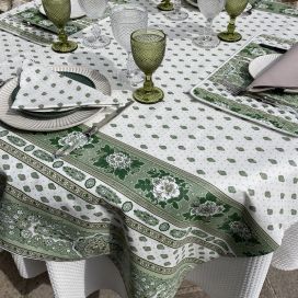 Nappe provençale rectangulaire en coton enduit "Bastide" écru et vert Marat d'Avignon