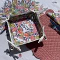 Coated cotton bread basket with laces, roses and avander "Grasse"