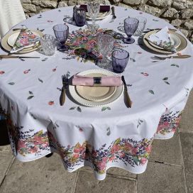 Round coated cotton tablecloth roses and lavenders "Grasse" by TISSUS TOSELLI