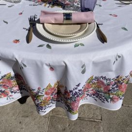 Nappe provençale rectangulaire en coton enduit "Grasse"  roses et lavandes