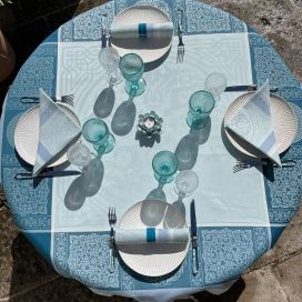 Square jacquard polyester tablecloth "Chamaret" ether et turquoise  from "Sud Etoffe"