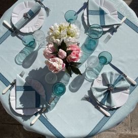 Square Jacquard polyester tablecloth "Alicante" blue ether from "Sud Etoffe"