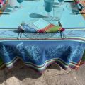 Rectangular webbed Jacquard tablecloth "Cézanne" turquoise Tissus Toselli