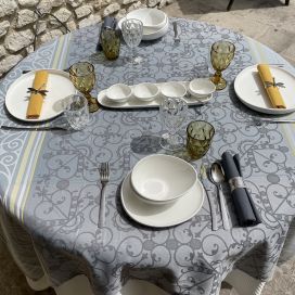 Square Jacquard polyester tablecloth "Grignan" grey and yellow from "Sud Etoffe"