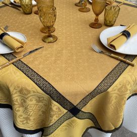 Rectangular Jacquard polyester tablecloth "Alicante" curry and black from "Sud Etoffe"