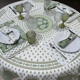 Coatted cotton round tablecloth "Bastide" ecru and green "Marat d'Avignon"