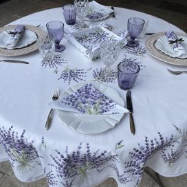 Round tablecloth in cotton lavenders "Bonnieux" white