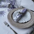 Nappe provençale ronde en coton enduit lavandes "Bonnieux" fond blanc