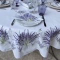 Nappe provençale ronde en coton enduit lavandes "Bonnieux" fond blanc