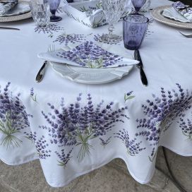 Rectangular centred tablecloth in cotton lavenders "Bonnieux" white from Tissus Toselli