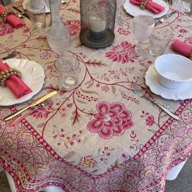 Square Jacquard tablecloth "Montespan" linen and pink