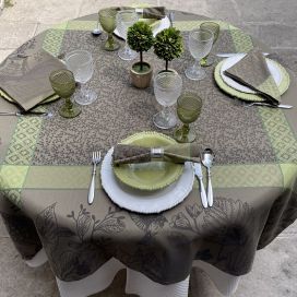 Rectangular Jacquard polyester tablecloth "Bird" tarmac and green from "Sud Etoffe"